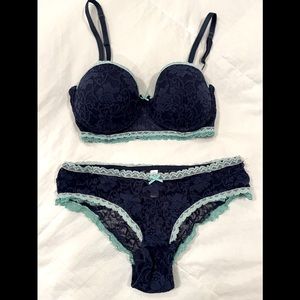 Blush Bra 34C and Panty Small in Navy Lace with Aqua trim